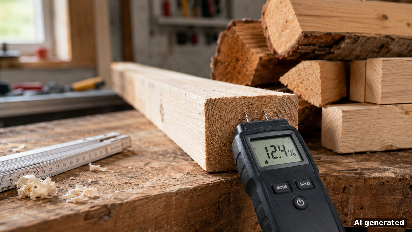 Holzfeuchtemessgerät mit Messspitzen am Stirnholz eines Kantholzes in einer Werkstatt