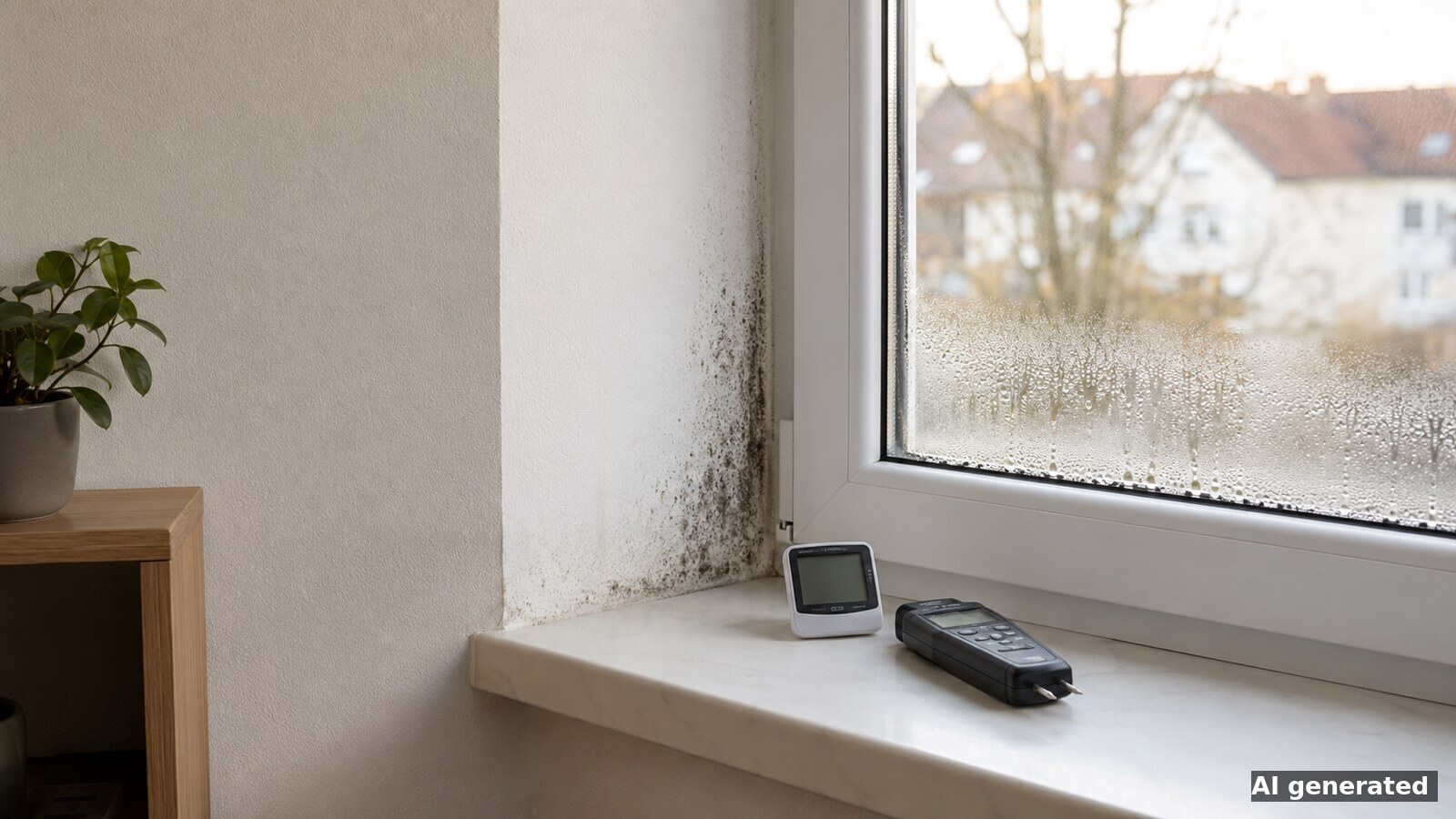 Kondenswasser am Fenster, Schimmelspuren in der Wandecke sowie Hygrometer und Feuchtemessgerät