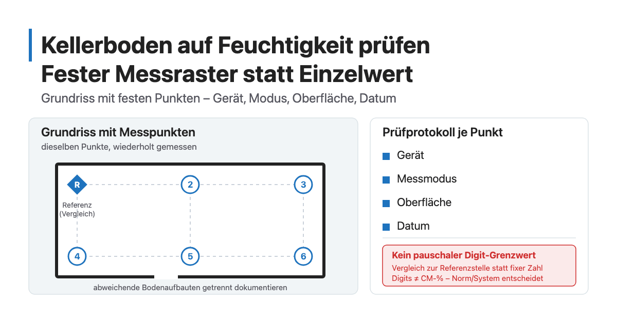 Schema für Feuchtemessung im Kellerboden: Grundriss mit festen, nummerierten Messpunkten und Protokoll aus Gerät, Messmodus, Oberfläche und Datum