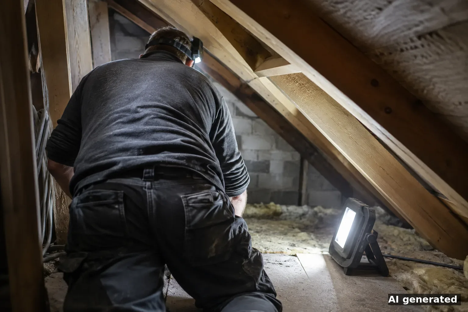 Symbolbild: Ein Handwerker mit Stirnlampe arbeitet auf einem engen Dachboden, eine Arbeitsleuchte leuchtet den Raum aus