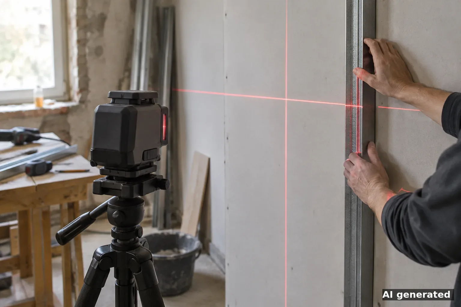 Symbolbild: Ein Kreuzlinienlaser auf dem Stativ projiziert ein Linienkreuz an eine Trockenbauwand, während Hände ein Metallprofil ausrichten